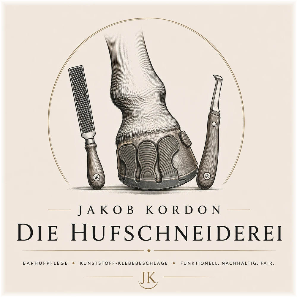 Die Hufschneiderei — Jakob Kordon: Pferdehuf mit Klebebeschlag zwischen Raspel und Hufmesser
